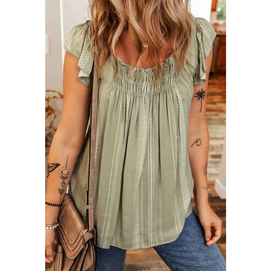 Stripe Ruffle Sleeve Tank Top - Laurel Green