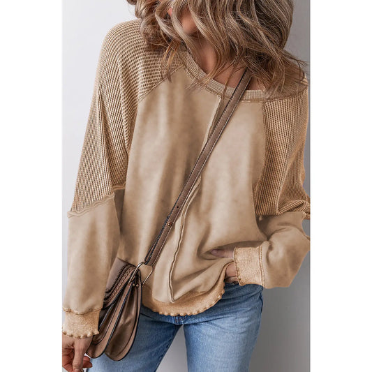 Waffle Knit Raglan Sleeve Sweatshirt - Light Beige
