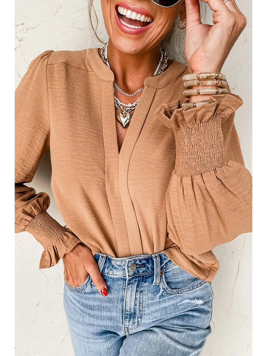 Shirred Long Sleeve V-Neck Blouse - Sand