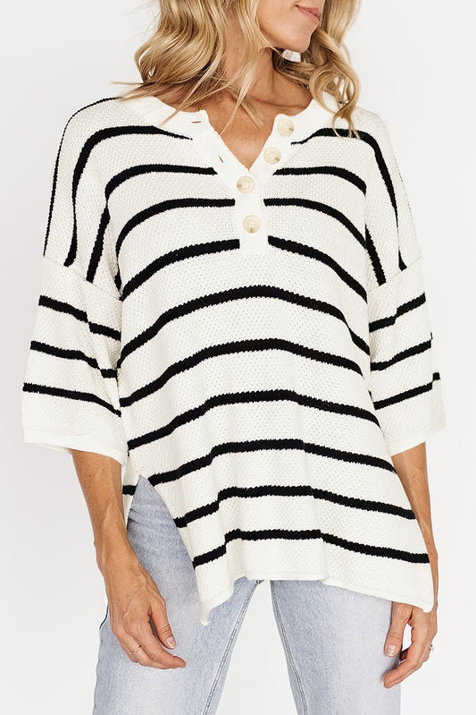 Henley Buttoned Placket Drop Shoulder Bracelet Sleeve Knit Sweater Tee - White