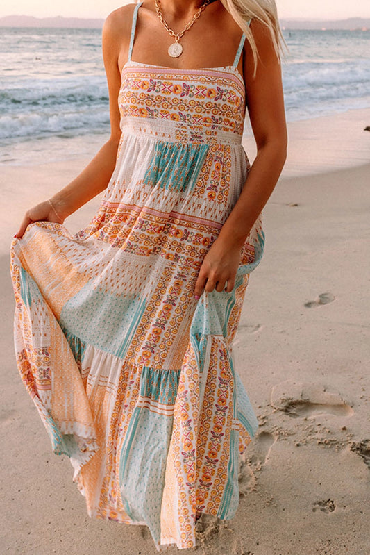 Boho Floral Square Neck Summer Sundress - Multicolor