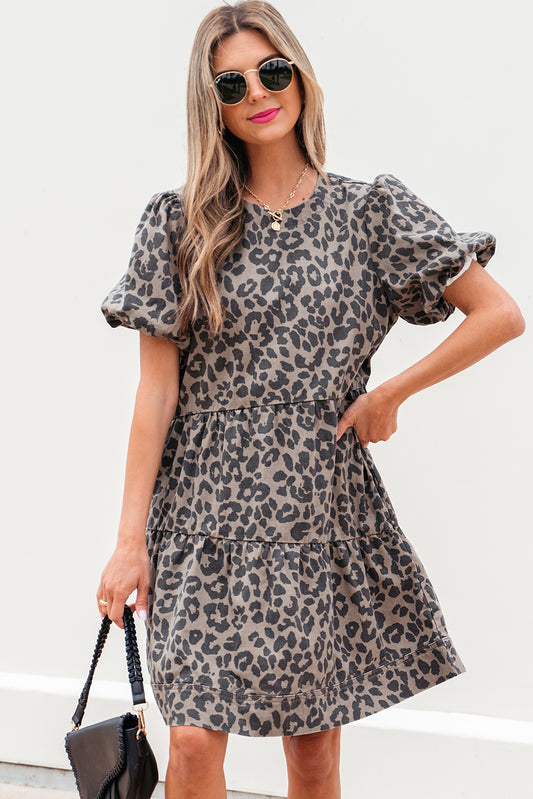 Denim Leopard Printed Short Puff Sleeve Mini Dress - Brown
