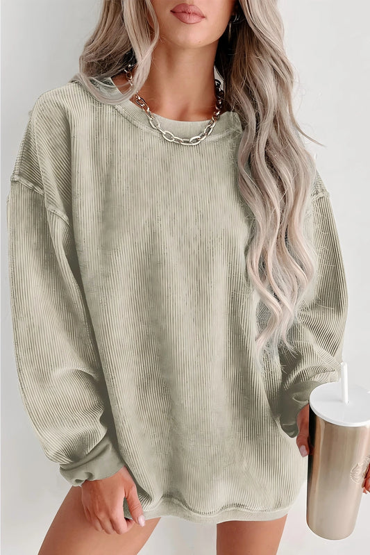 Ribbed Knit Round Neck Pullover Sweatshirt - Green