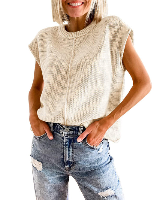 Knit Sleeveless Round Neck Sweater Vest - Apricot