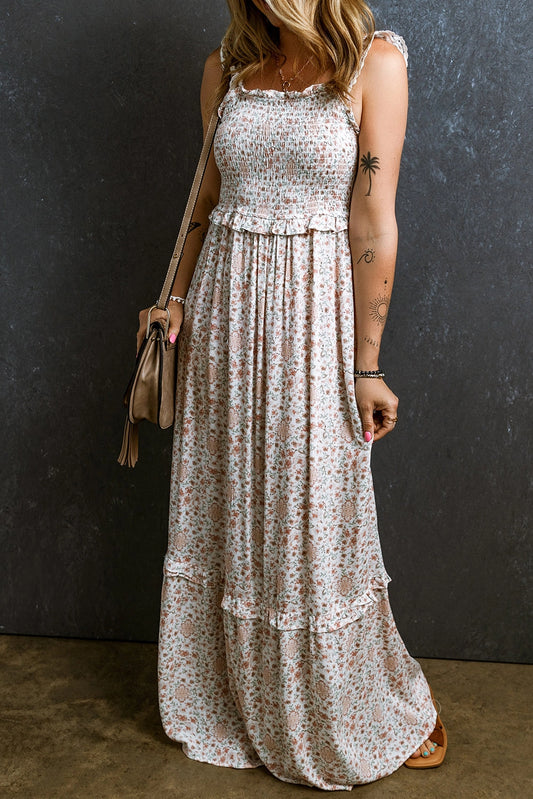 Floral Smocked Ruffle Maxi Dress - White
