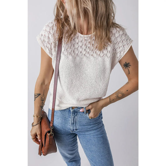 Eyelet Knit Short Sleeved Sweater - White